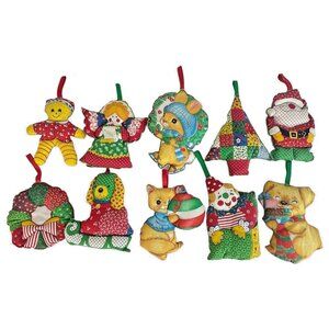 Vintage Fabric Stuffed Plush Christmas Tree Ornaments Handmade Lot of 10